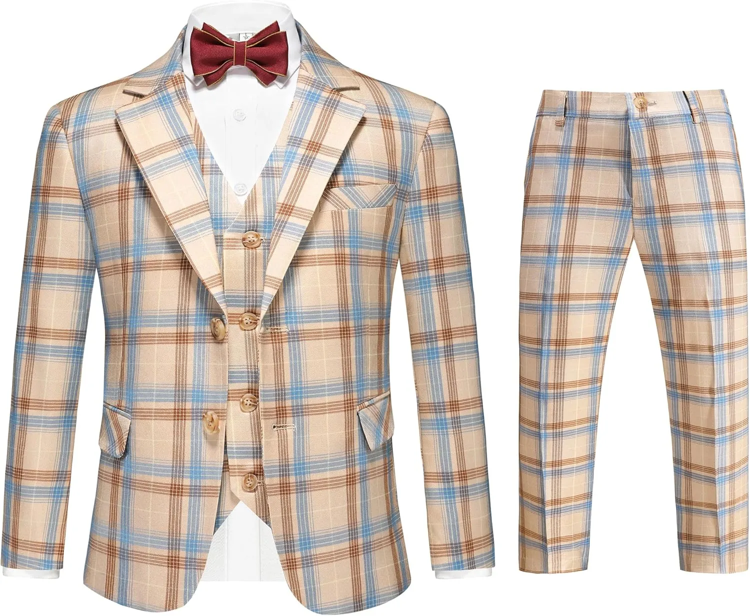 MOGU Boys Plaid Suits 3 Piece Slim Fit Tuxedo Formal Dresswear Suit Set Blazer Jacket Vest Pants Kids Outfits