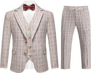 MOGU Boys Plaid Suits 3 Piece Slim Fit Tuxedo Formal Dresswear Suit Set Blazer Jacket Vest Pants Kids Outfits