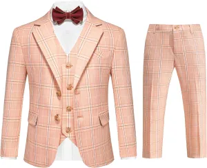 MOGU Boys Plaid Suits 3 Piece Slim Fit Tuxedo Formal Dresswear Suit Set Blazer Jacket Vest Pants Kids Outfits