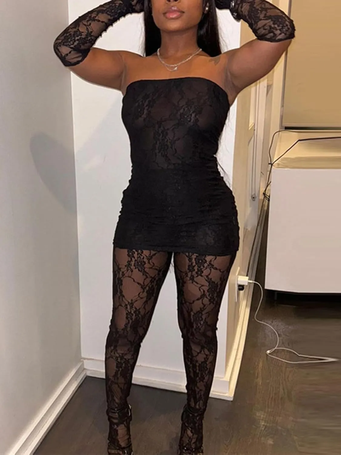 Mojessy 2 Piece Outfits for Women Sexy Lace Tube Mini Dress Top with Stockings Legging Set Birthday Outfits