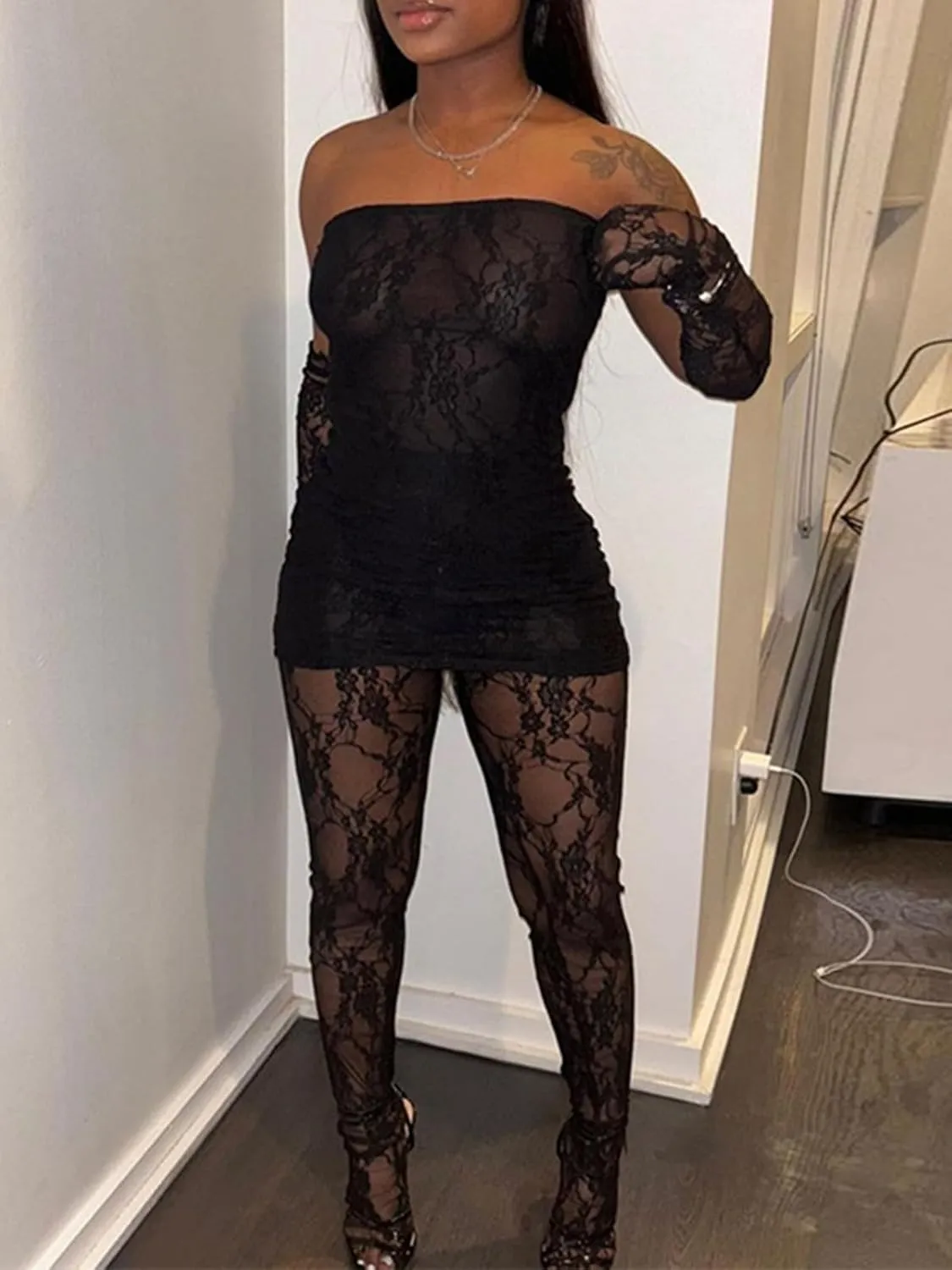 Mojessy 2 Piece Outfits for Women Sexy Lace Tube Mini Dress Top with Stockings Legging Set Birthday Outfits