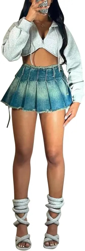 Molisry Women's 2024 Summer Pleated Jeans Skirt High Waisted Raw Hem A-Line Cute Denim Mini Skirt Streetwear