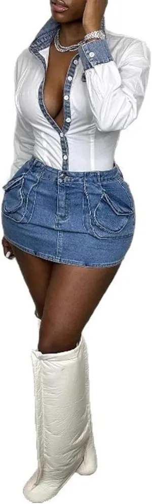 Molisry Women's Cargo Jean Skirt High Waisted Y2K Sexy Bodycon Mini Skirt Denim Streetwear
