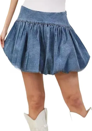 Molisry Women's Jean Bubble Skirt Sexy High Waisted Stretchy Cute Flared Puffy Pleated Denim Mini Skirt 2024 Streetwear