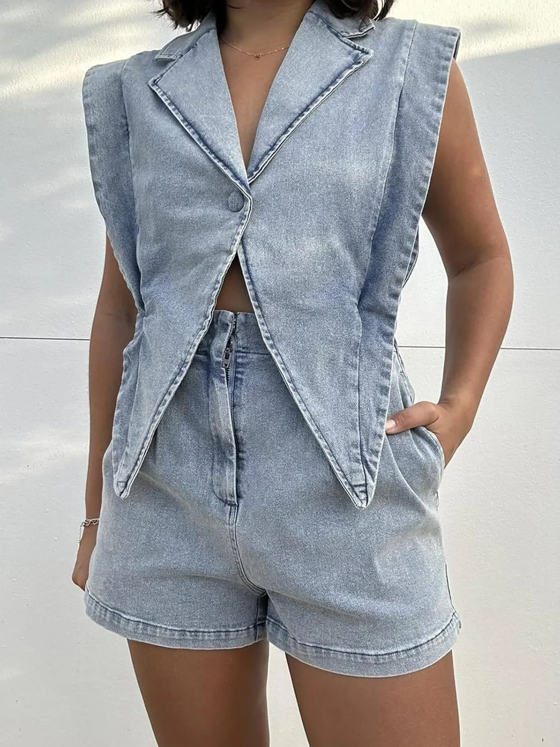 Molisry Women's Sleeveless Denim Romper Sexy Lapel Neck Button Link Hollowed Trendy Jean Jumpsuit 2025