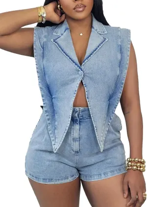 Molisry Women's Sleeveless Denim Romper Sexy Lapel Neck Button Link Hollowed Trendy Jean Jumpsuit 2025