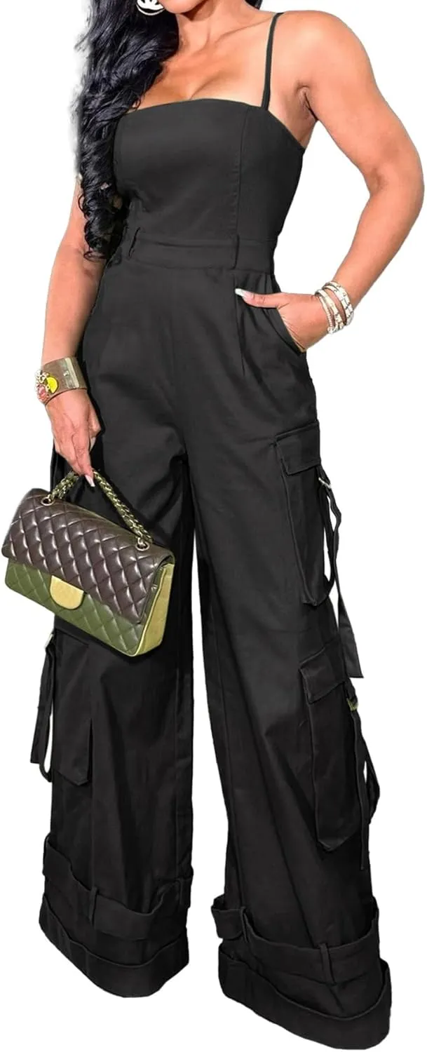 Molisry Women's Summer Cargo Jumpsuit Streetwear Spaghetti Straps Sleeveless Backless Bodycon Baggy Pants Romper