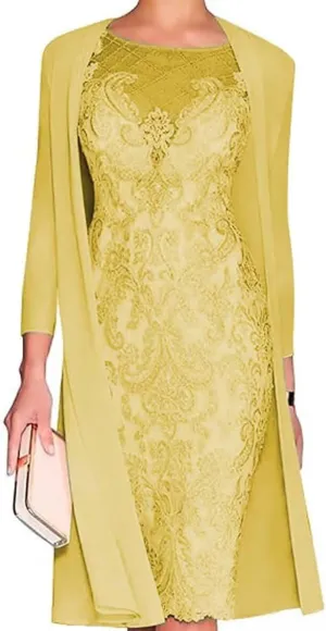 Mother of The Bride Dresses 2025 Laces Tea Length Chiffon Gowns 3/4 Sleeves Formal Evening Party Dresses Yellow