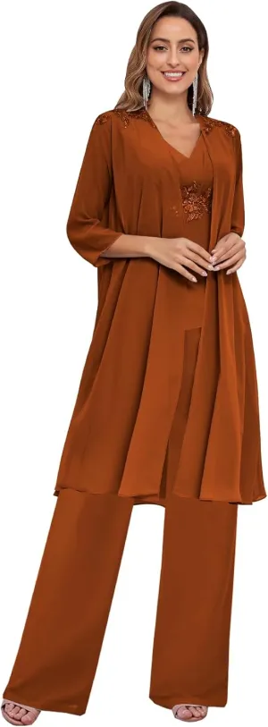 Mother of The Bride Pant Suits for Women Dressy Wedding with Jacket 3 Pieces Chiffon Evening Pantsuits Outfit