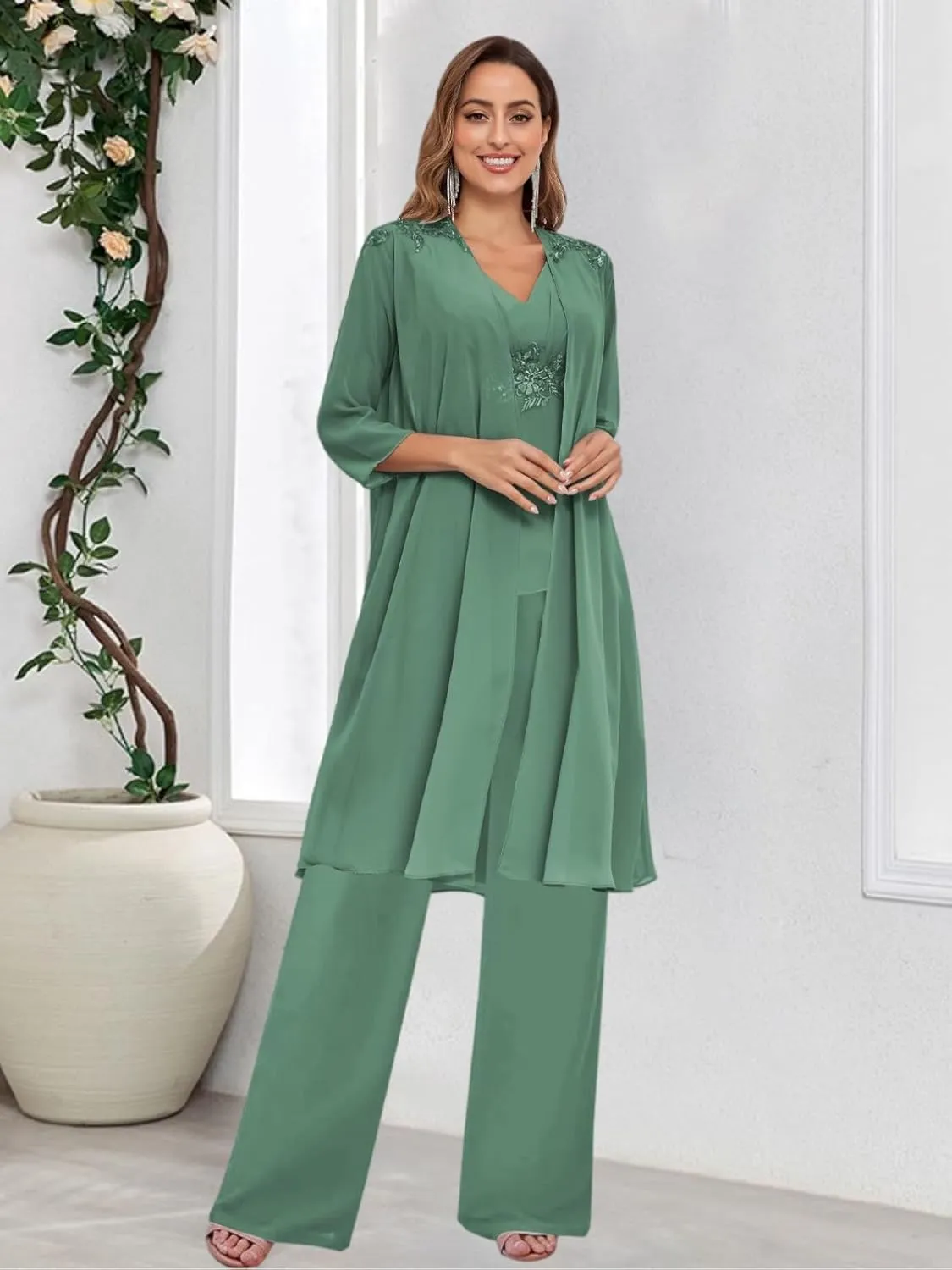 Mother of The Bride Pant Suits for Women Dressy Wedding with Jacket 3 Pieces Chiffon Evening Pantsuits Outfit