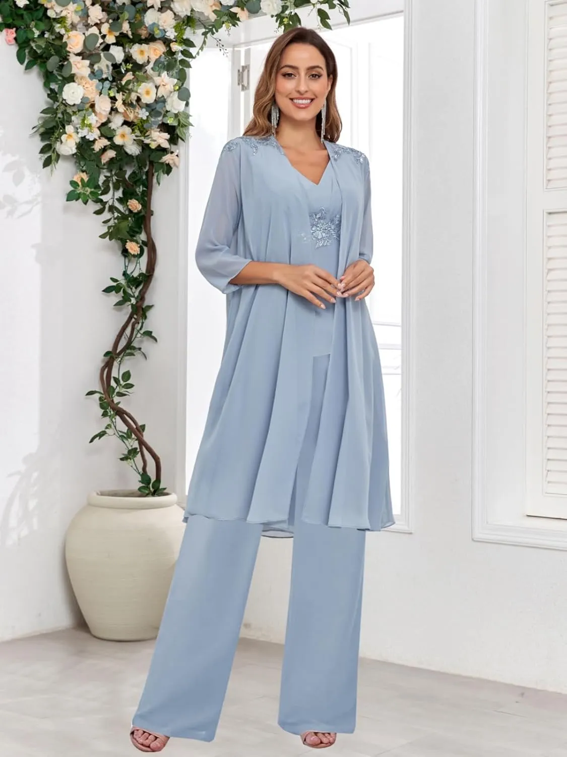 Mother of The Bride Pant Suits for Women Dressy Wedding with Jacket 3 Pieces Chiffon Evening Pantsuits Outfit