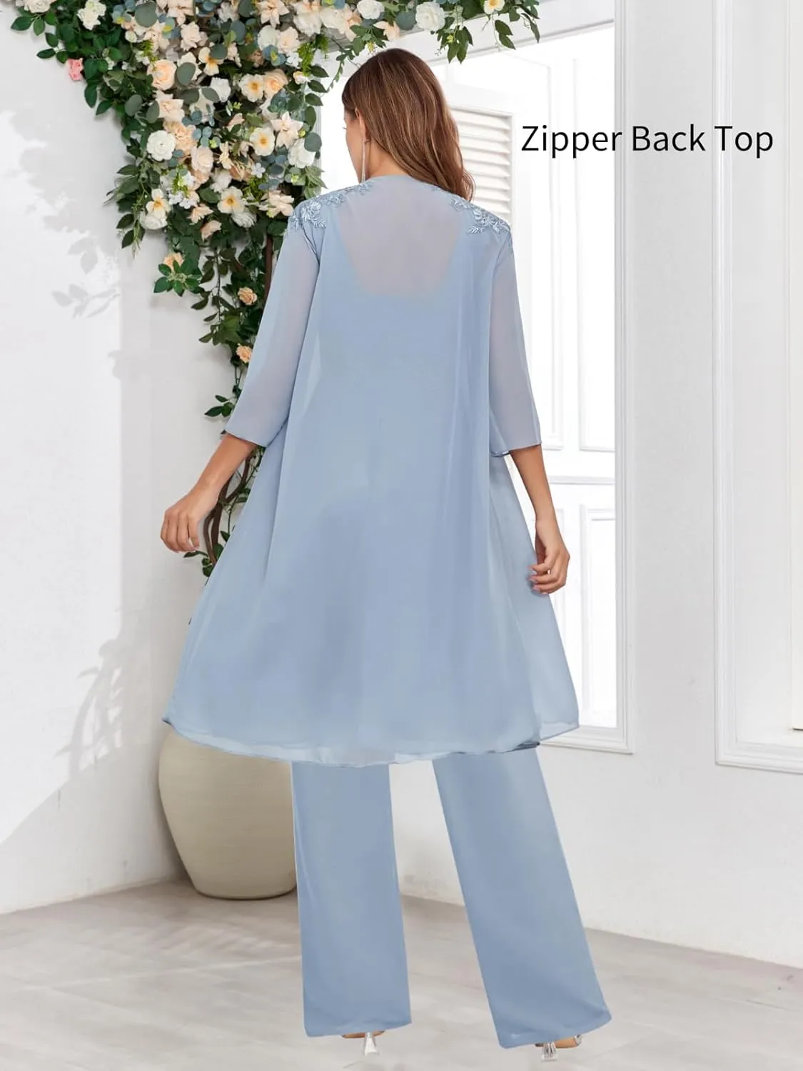 Mother of The Bride Pant Suits for Women Dressy Wedding with Jacket 3 Pieces Chiffon Evening Pantsuits Outfit