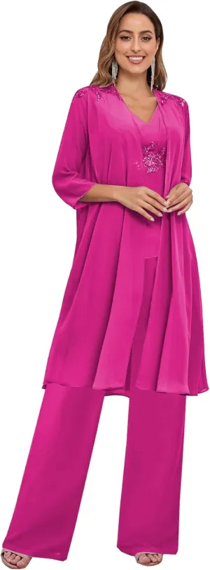 Mother of The Bride Pant Suits for Women Dressy Wedding with Jacket 3 Pieces Chiffon Evening Pantsuits Outfit