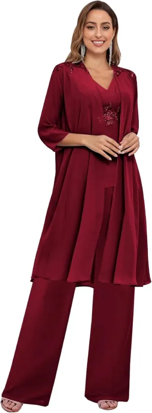 Mother of The Bride Pant Suits for Women Dressy Wedding with Jacket 3 Pieces Chiffon Evening Pantsuits Outfit
