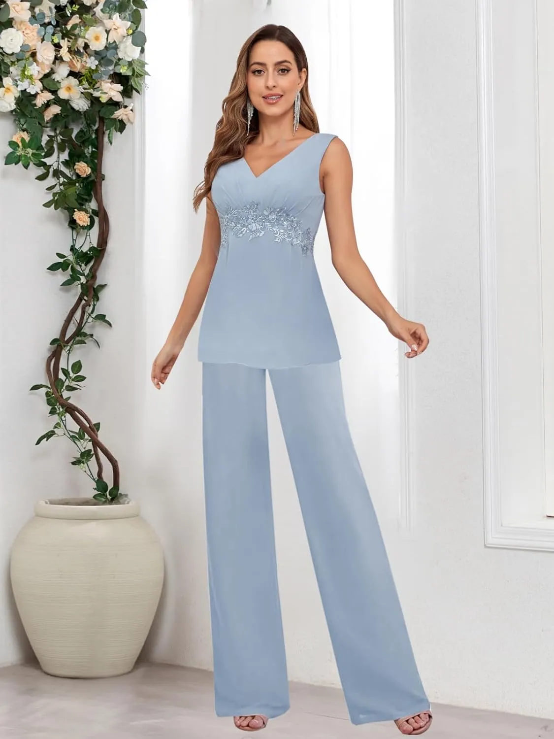 Mother of The Bride Pant Suits for Women Dressy Wedding with Jacket 3 Pieces Chiffon Evening Pantsuits Outfit