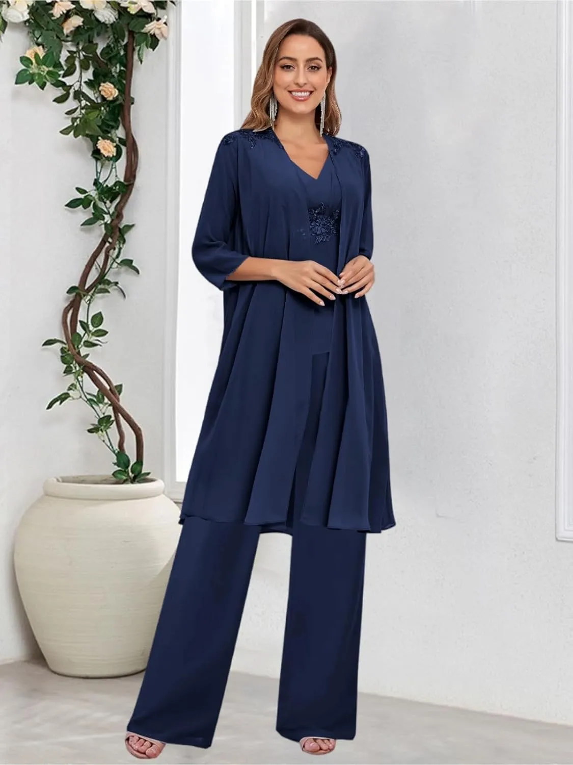 Mother of The Bride Pant Suits for Women Dressy Wedding with Jacket 3 Pieces Chiffon Evening Pantsuits Outfit
