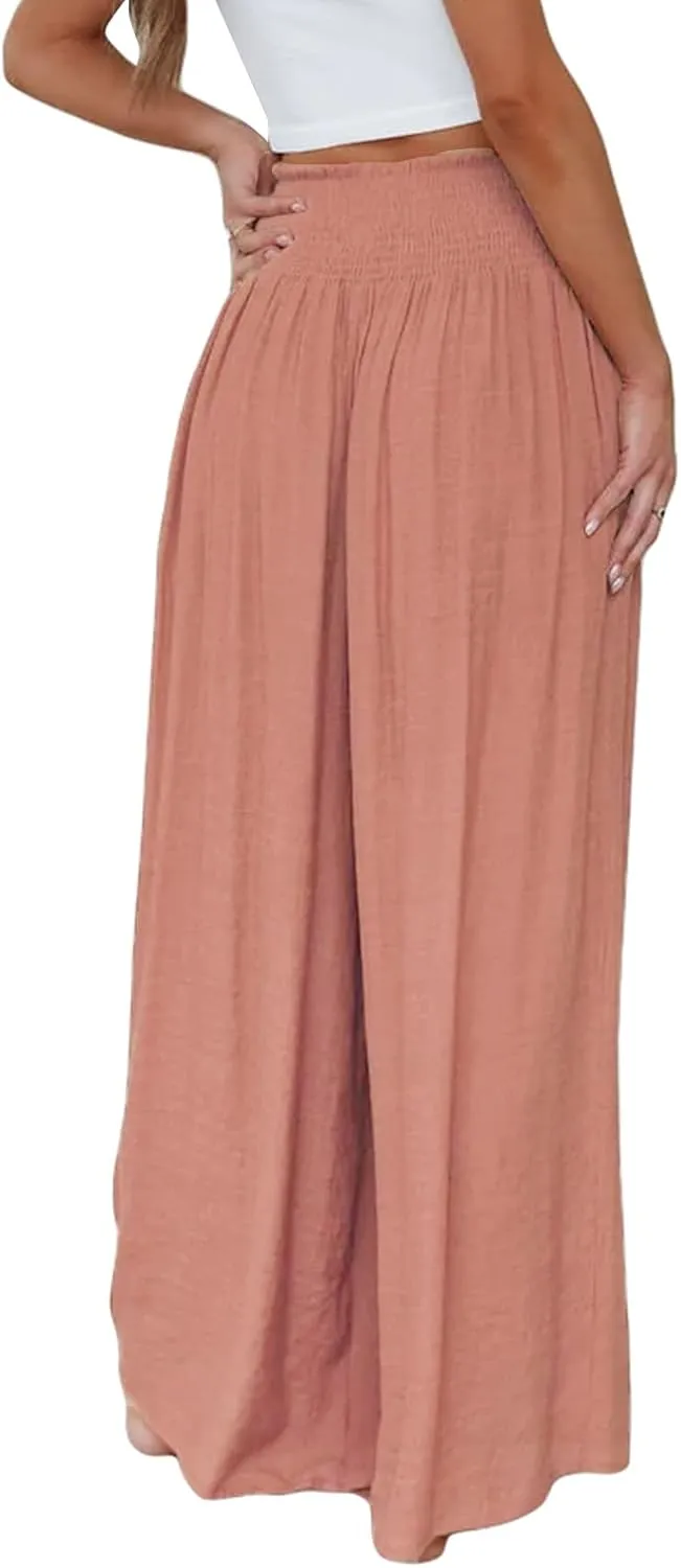 Mtsebmves Women Casual Wide Leg Palazzo Lounge Pants Elastic High Waist Wide Leg Yoga Trousers with Pockets