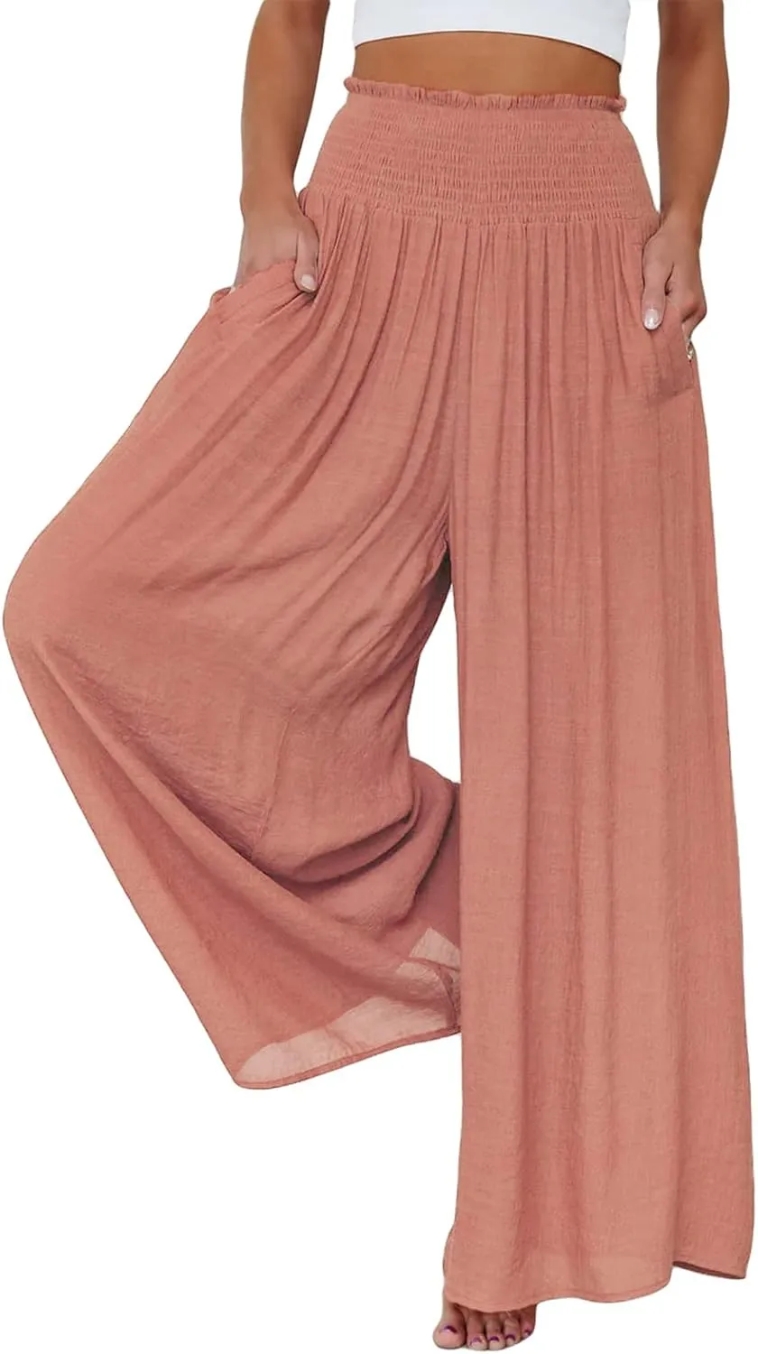 Mtsebmves Women Casual Wide Leg Palazzo Lounge Pants Elastic High Waist Wide Leg Yoga Trousers with Pockets