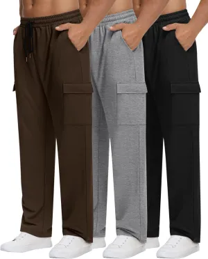Neer 3 Pack Men's Cargo Sweatpants Baggy Open Bottom Straight Leg Drawstring Joggers Casual Lounge Pants with Pockets