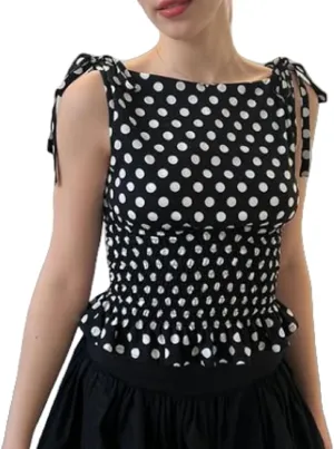 NUFIWI Women Cute Polka Dot Tank Top Boat Neck Smocked Going Out Y2k Tops Slim Fit Sleeveless Summer Shirts Streetwear