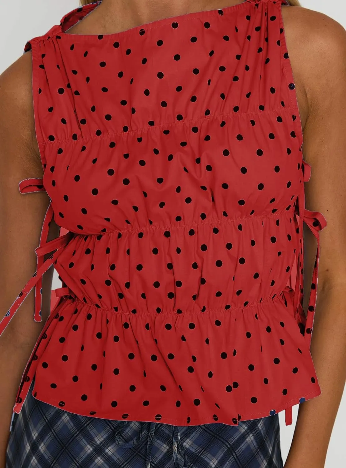 NUFIWI Women Cute Polka Dot Tank Top Boat Neck Smocked Going Out Y2k Tops Slim Fit Sleeveless Summer Shirts Streetwear