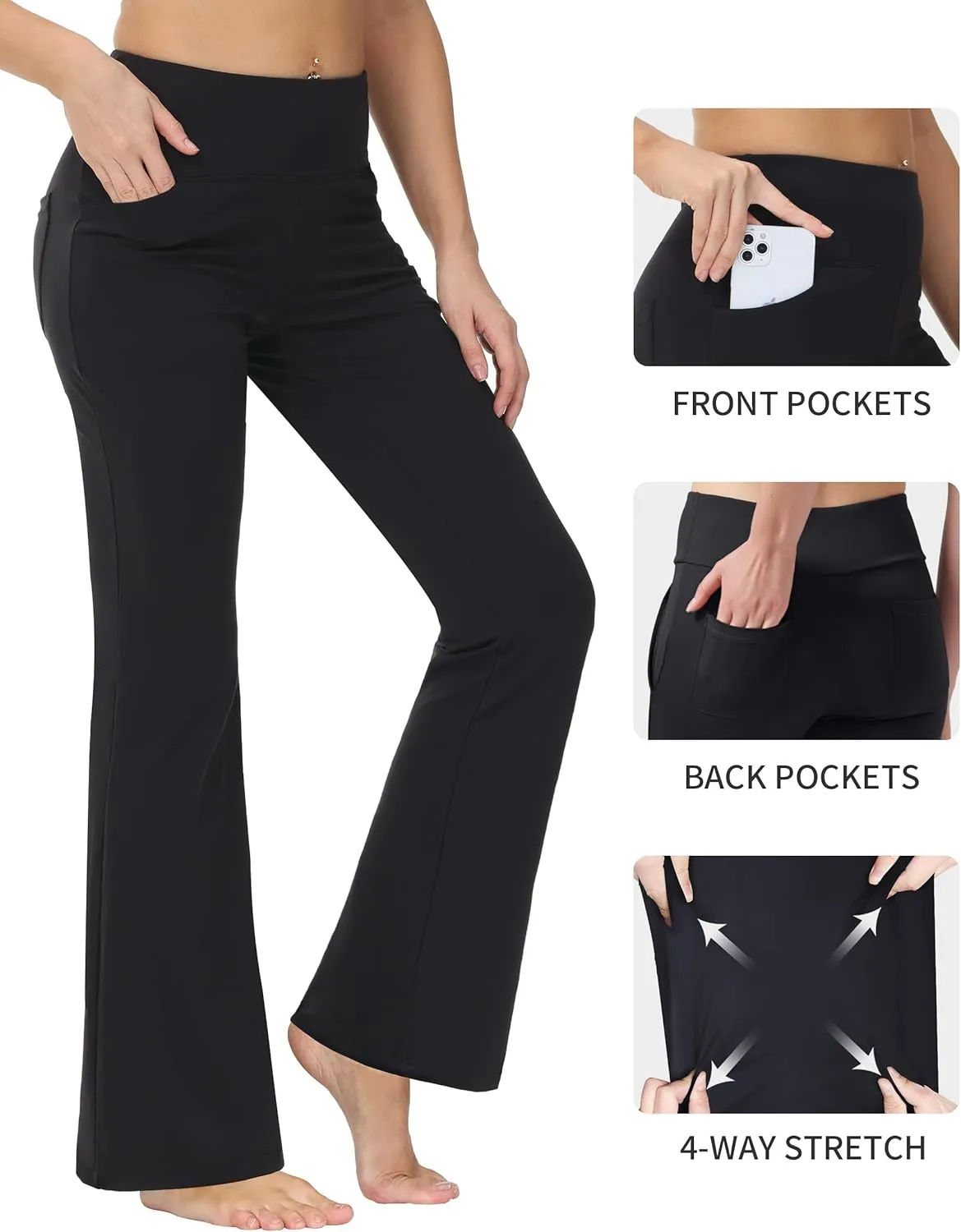 nuveti 29"/31"/33"/35"/37'' High Waist Workout Bootleg Yoga Pants Tummy Control 4 Pocket Workout Yoga Pants Flare Leggings