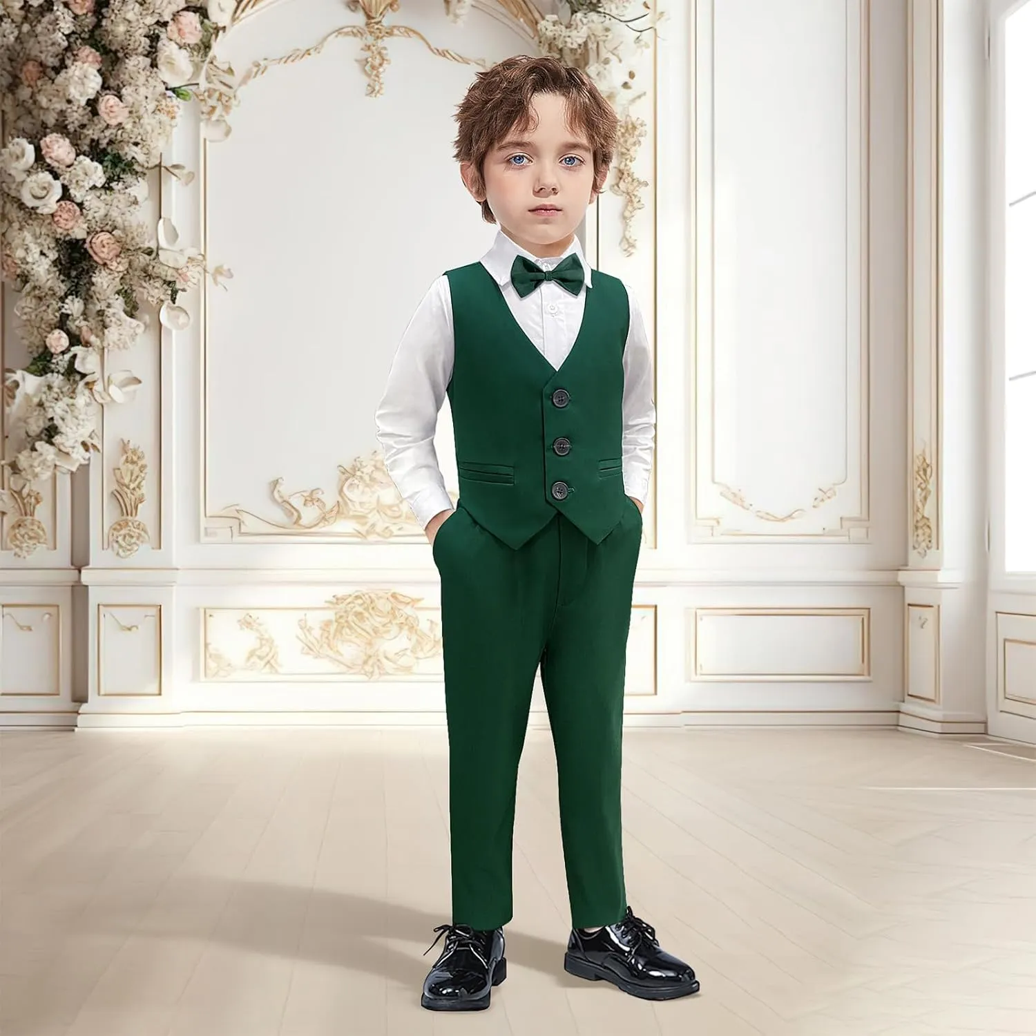 Nwada Boys Suit Set Formal Dress Shirt with Bow Tie, Slim Vest and Pants Toddler Boy Clothes Suits