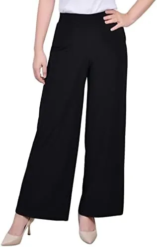NY Women's Petite Short Mid Rise Pull On Wide-Leg Palazzo Pant Black PS