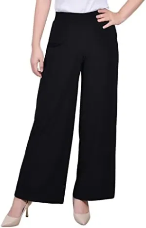 NY Women's Petite Short Mid Rise Pull On Wide-Leg Palazzo Pant Black PS