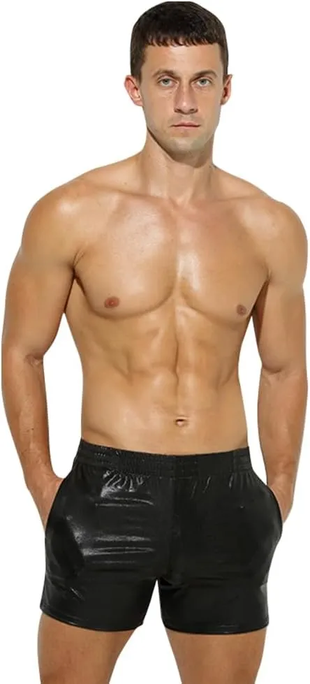 ODASDO Men Faux Leather Holographic Shiny Metallic Boxer Shorts Briefs Underwear Swim Trunk For Rave Dance Party Clubwear