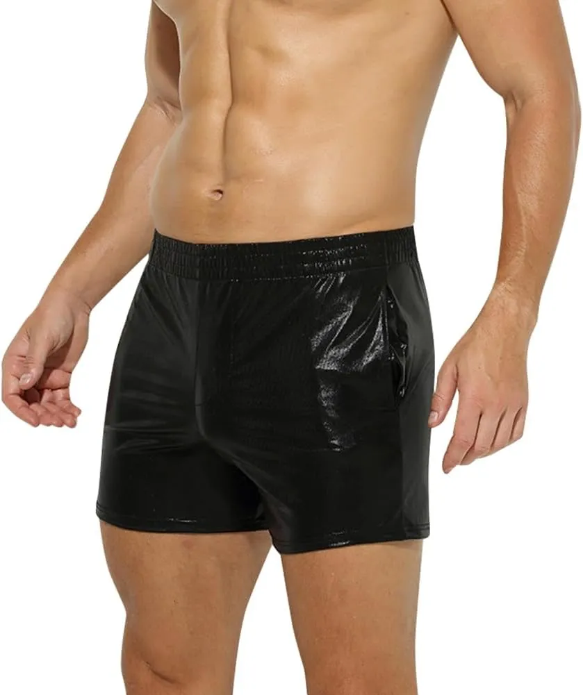 ODASDO Men Faux Leather Holographic Shiny Metallic Boxer Shorts Briefs Underwear Swim Trunk For Rave Dance Party Clubwear