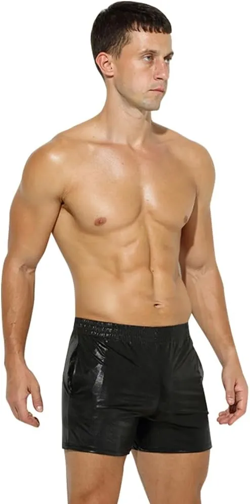 ODASDO Men Faux Leather Holographic Shiny Metallic Boxer Shorts Briefs Underwear Swim Trunk For Rave Dance Party Clubwear