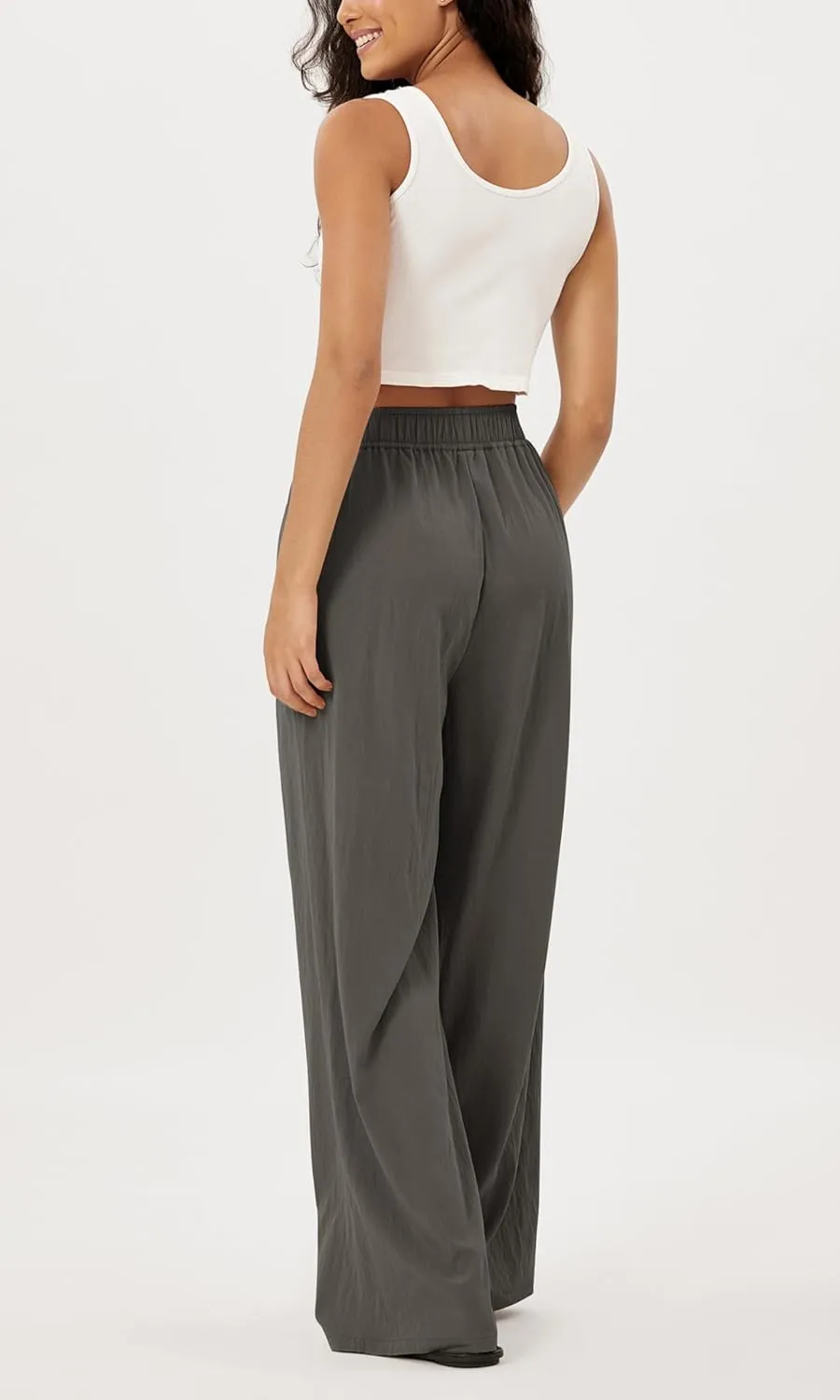 ODODOS Women's Wide Leg Pants with Pockets Crinkle Comfy High Waist Pull-On Lounge Casual Pants