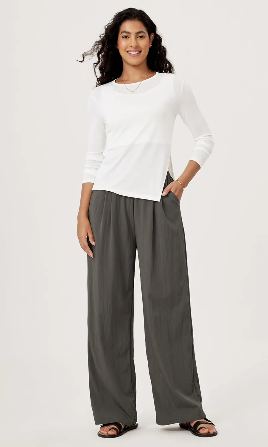 ODODOS Women's Wide Leg Pants with Pockets Crinkle Comfy High Waist Pull-On Lounge Casual Pants