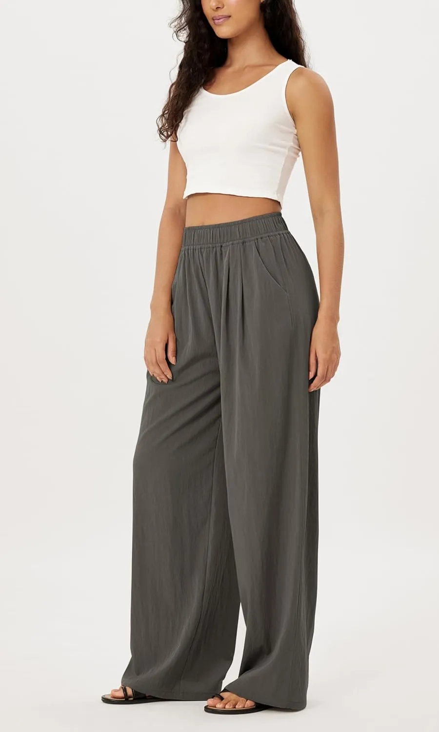 ODODOS Women's Wide Leg Pants with Pockets Crinkle Comfy High Waist Pull-On Lounge Casual Pants