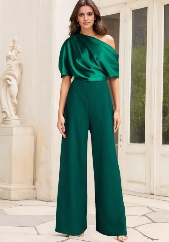 One Shoulder Mother of The Bride Pantsuits for Wedding Short Sleeve Satin Formal Jumpsuit for Women
