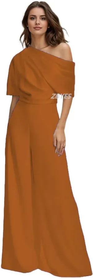 One Shoulder Mother of The Bride Pantsuits for Wedding Short Sleeve Satin Formal Jumpsuit for Women