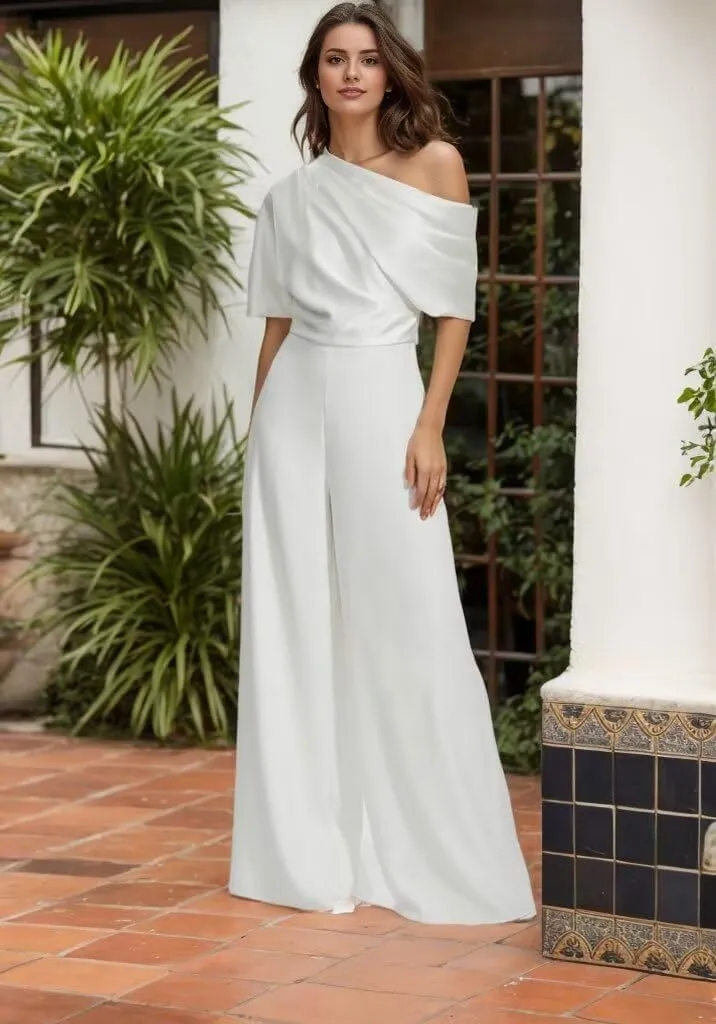One Shoulder Mother of The Bride Pantsuits for Wedding Short Sleeve Satin Formal Jumpsuit for Women
