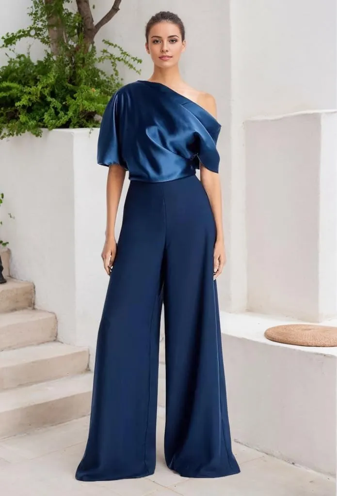 One Shoulder Mother of The Bride Pantsuits for Wedding Short Sleeve Satin Formal Jumpsuit for Women