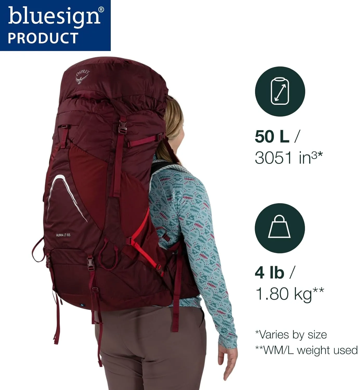 Osprey Aura AG LT 50L Women's Backpacking Backpack, Koseret/Darjeeling Spring Green, WXS/S