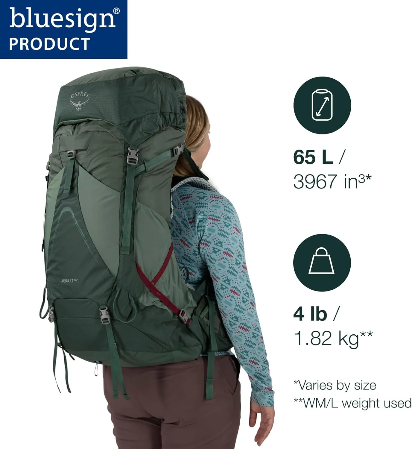 Osprey Aura AG LT 65L Women's Backpacking Backpack, Koseret/Darjeeling Spring Green, WM/L
