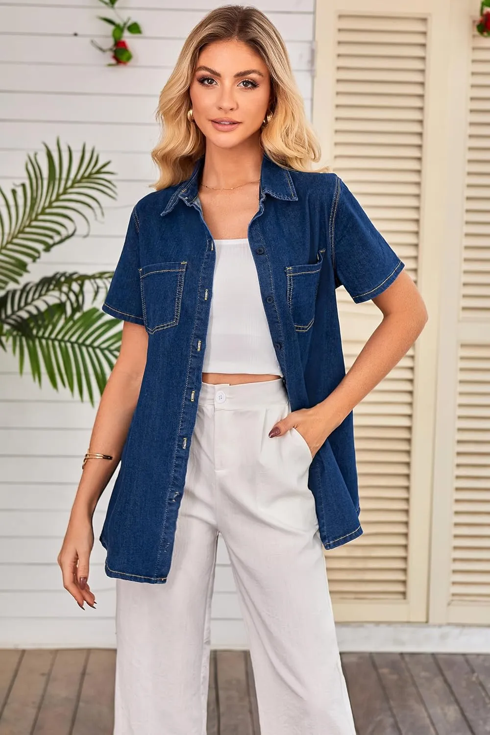 OUGES Womens 2025 Summer Maternity Clothes Short Sleeve Jean Jacket Button Down Pregnancy Denim Shirt Casual Tops