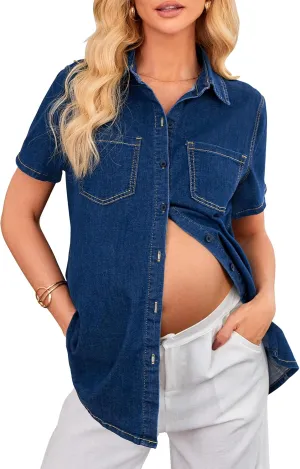 OUGES Womens 2025 Summer Maternity Clothes Short Sleeve Jean Jacket Button Down Pregnancy Denim Shirt Casual Tops