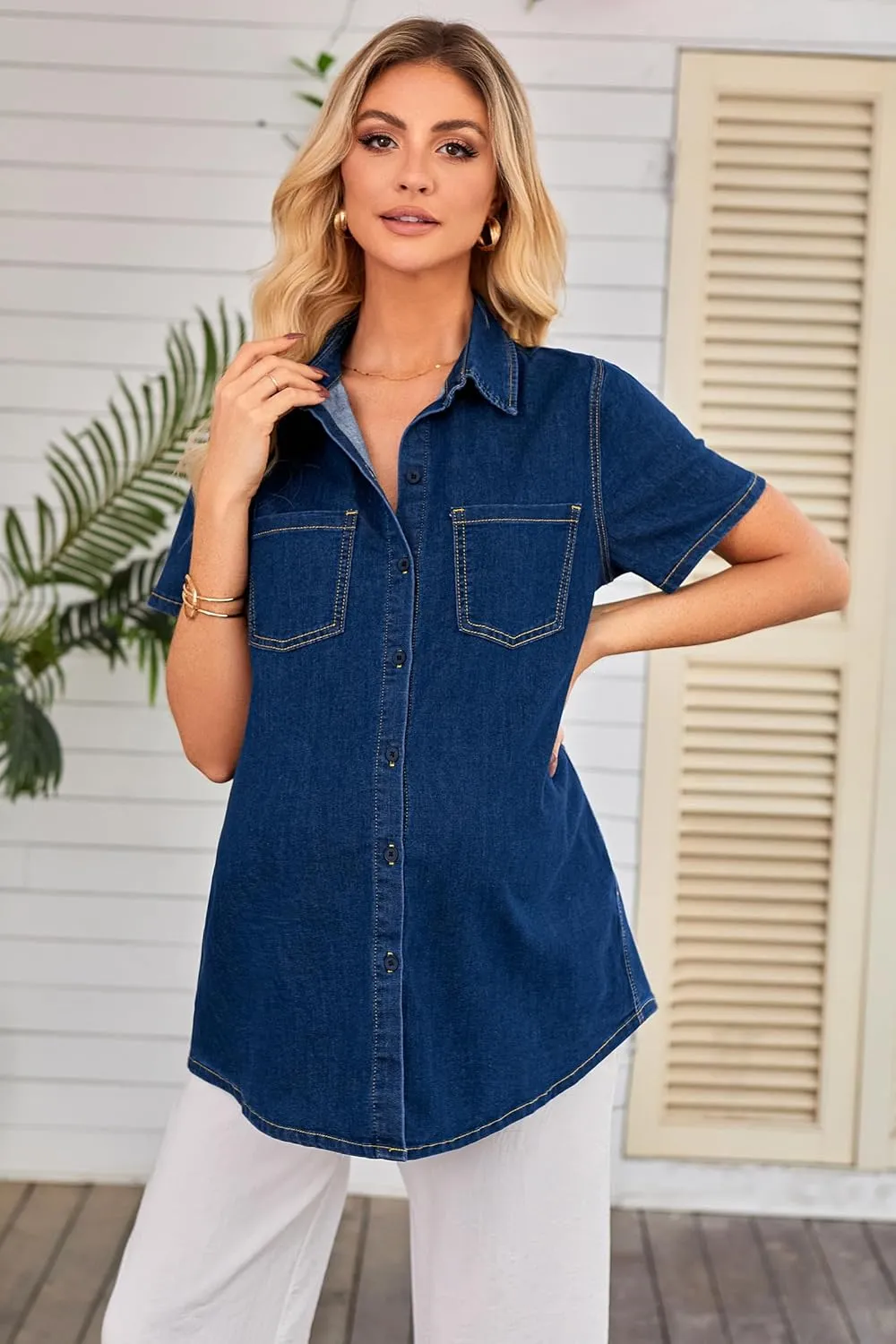 OUGES Womens 2025 Summer Maternity Clothes Short Sleeve Jean Jacket Button Down Pregnancy Denim Shirt Casual Tops
