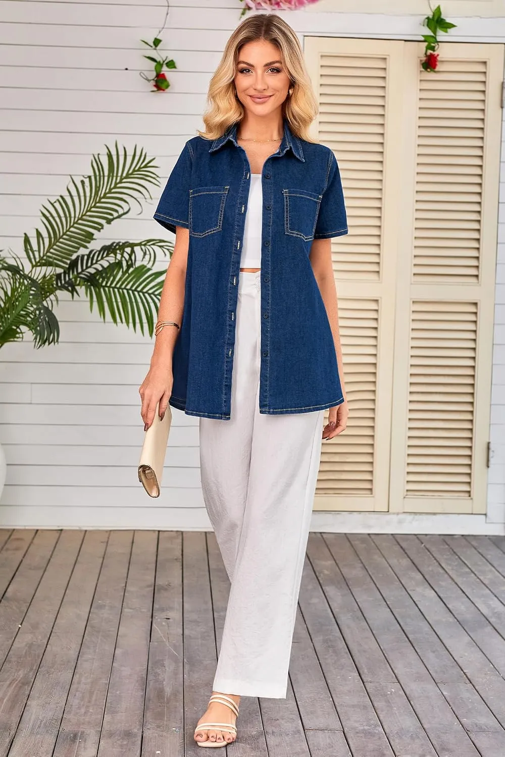 OUGES Womens 2025 Summer Maternity Clothes Short Sleeve Jean Jacket Button Down Pregnancy Denim Shirt Casual Tops
