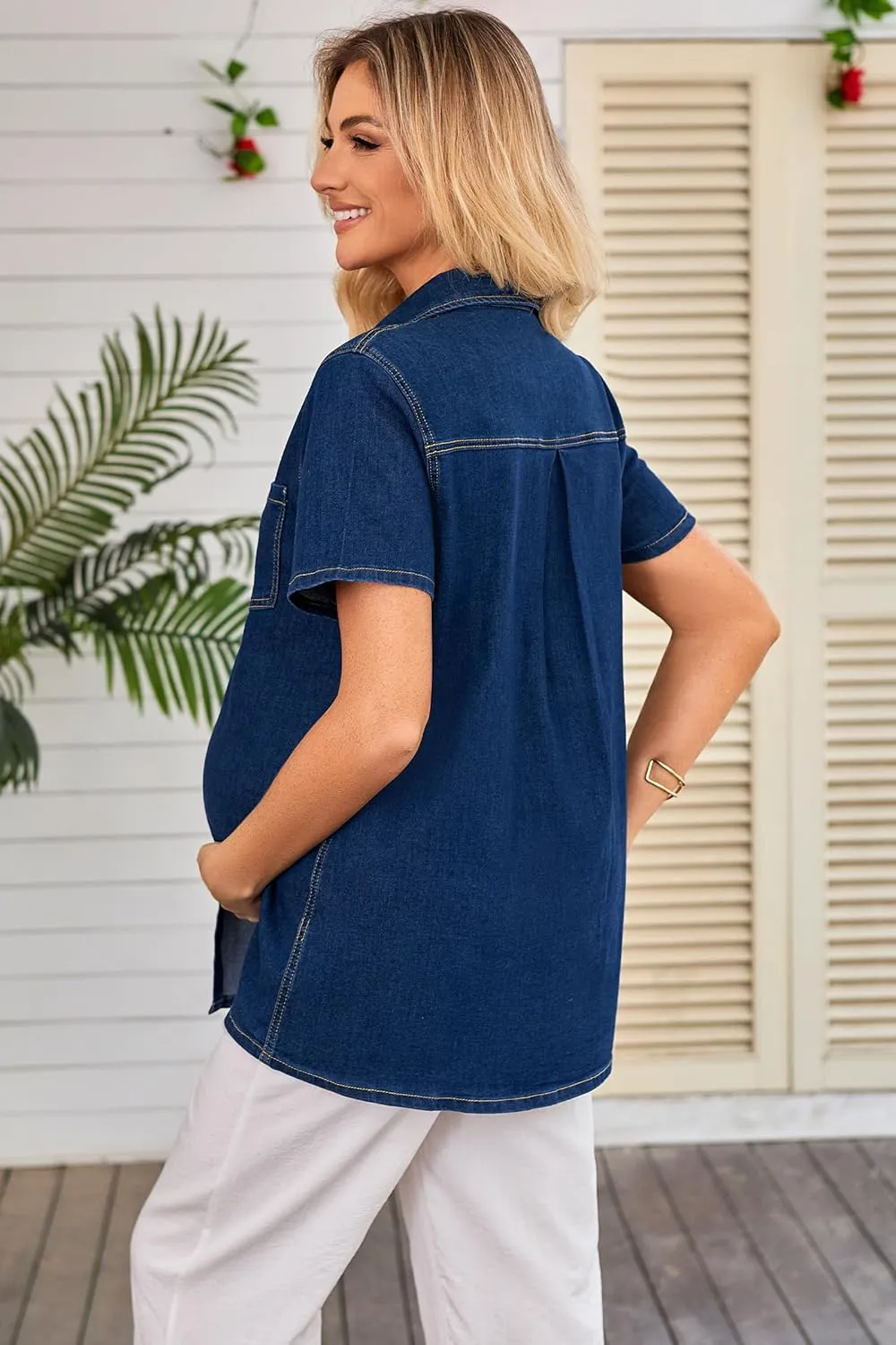 OUGES Womens 2025 Summer Maternity Clothes Short Sleeve Jean Jacket Button Down Pregnancy Denim Shirt Casual Tops