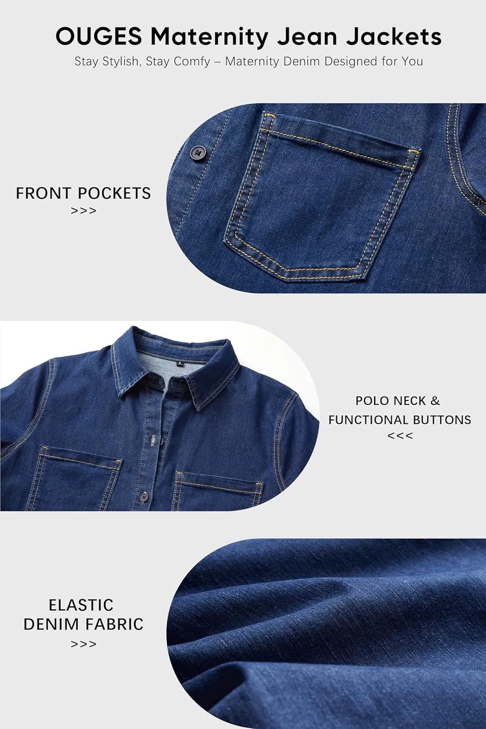OUGES Womens 2025 Summer Maternity Clothes Short Sleeve Jean Jacket Button Down Pregnancy Denim Shirt Casual Tops