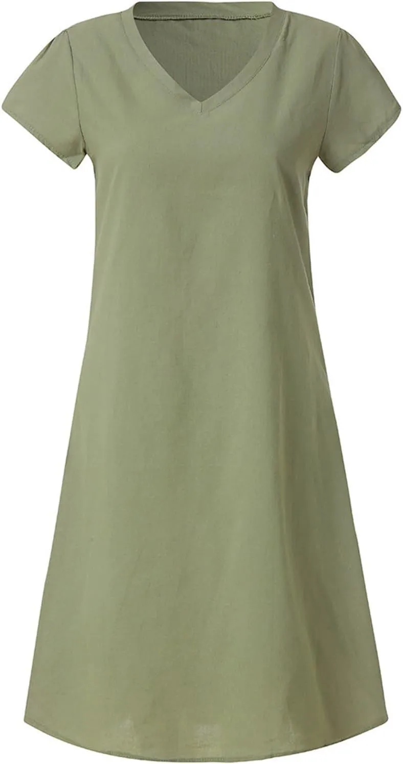 Oversize Women's Cotton Linen Midi Dresses Summer Solid Color Short Sleeve V-Neck Shirt Dresses Plus Size Beach Dress