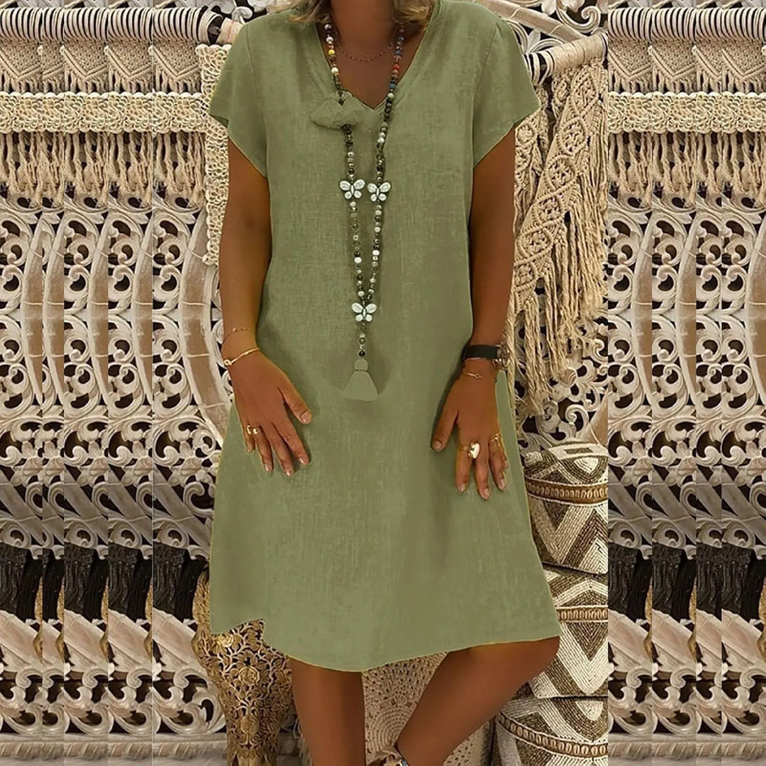 Oversize Women's Cotton Linen Midi Dresses Summer Solid Color Short Sleeve V-Neck Shirt Dresses Plus Size Beach Dress