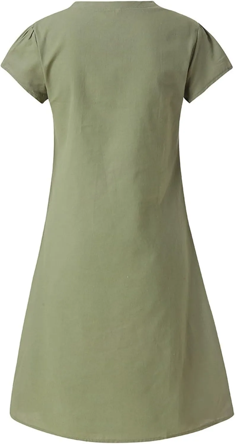 Oversize Women's Cotton Linen Midi Dresses Summer Solid Color Short Sleeve V-Neck Shirt Dresses Plus Size Beach Dress